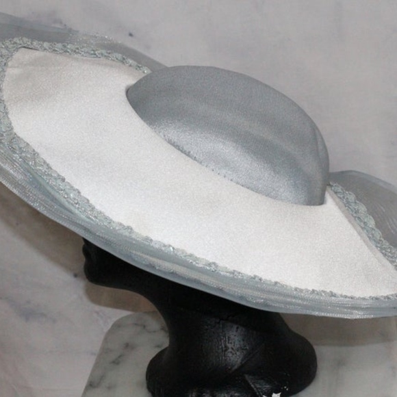 White & Blue Satin Large Brim Bowler Hat (7 3/ main image 4